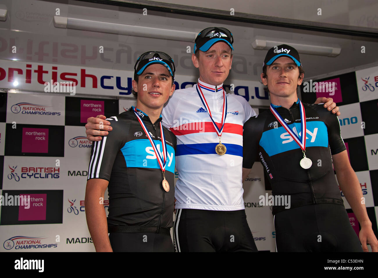 The podium of the 2011 British National Road Cycling championship.From left: Peter Kennaugh, Bradley Wiggins and Gerraint Thomas Stock Photo