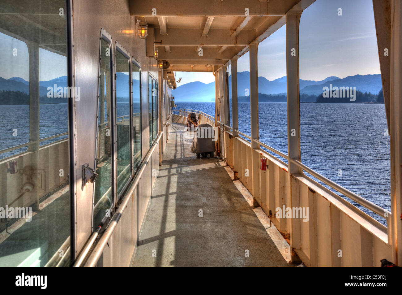 View of an inter-island ferry bound for Metakatla with scenic views of Southeast Alaska's Inside Passage. Stock Photo