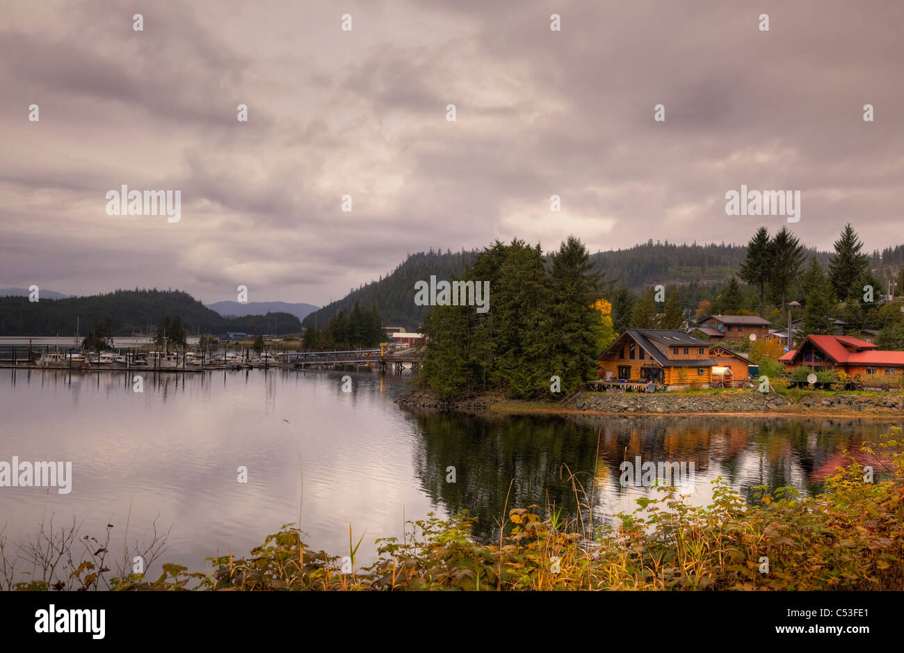 View of cabins and scenery at Thorne Bay, Prince of Wales Island, Southeast Alaska, Autumn Stock