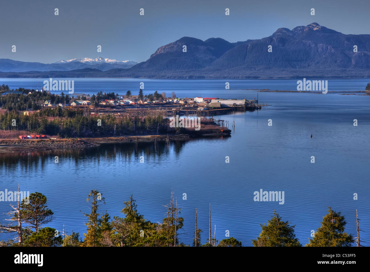 View of Metlakatla, Annette Island, and surrounding coastal area, Inside Passage, Southeast Alaska, Spring. HDR Stock Photo