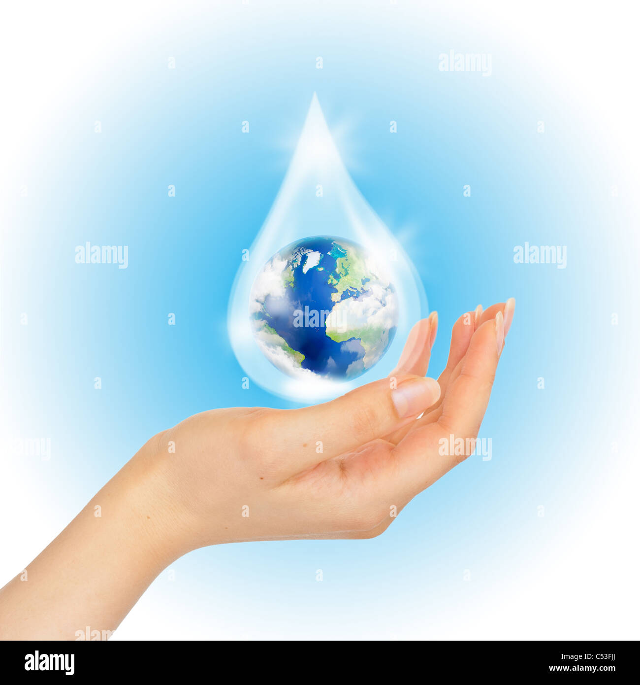 Drop of water with Earth inside and hand on white. The symbol of Save Planet. Stock Photo