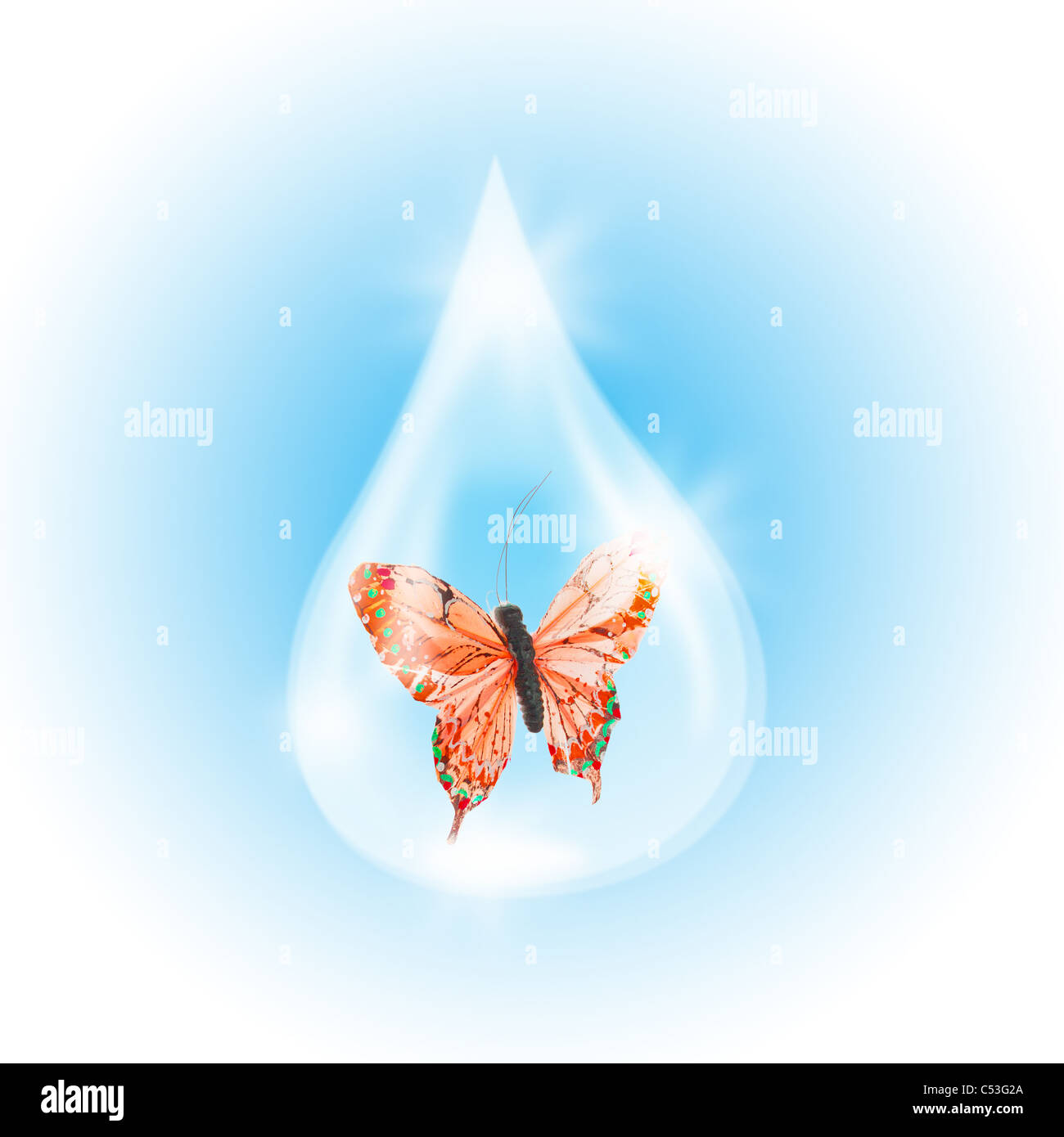 Red Butterfly in a drop of water as a symbol in need of assistance to flood victims Stock Photo