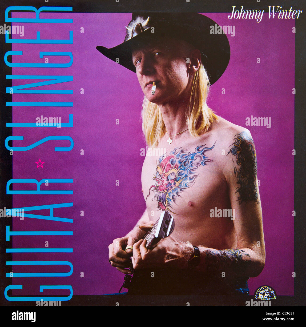 Cover of original vinyl album Guitar Slinger by Johnny Winter released 1984 on Sonet Records Stock Photo