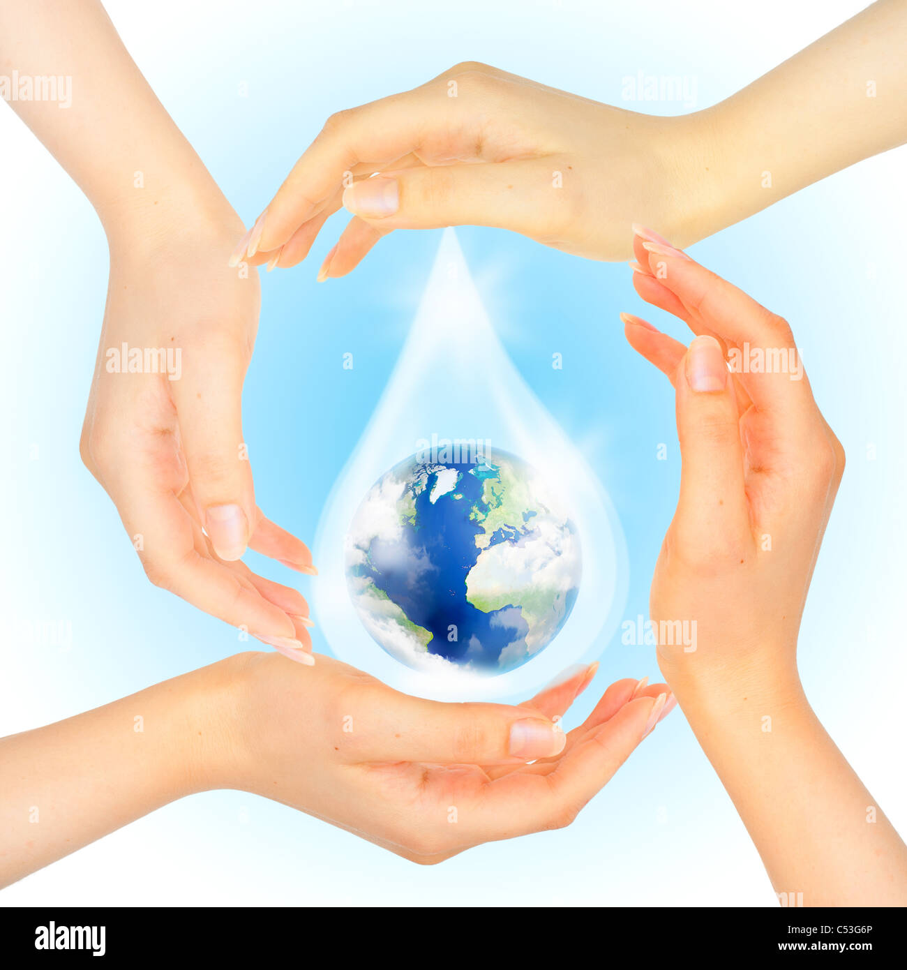 Drop of water with Earth inside and hands on white . The symbol of Save Planet. Floods, tsunamis, natural disasters. Stock Photo