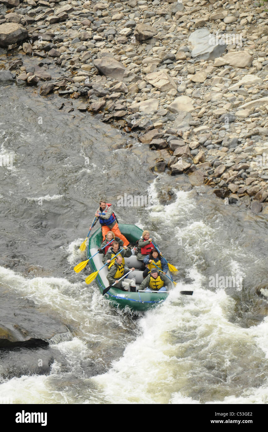 View overlooking rafters on the Talachulitina River about to run the rapids, Interior Alaska, Summer Stock Photo