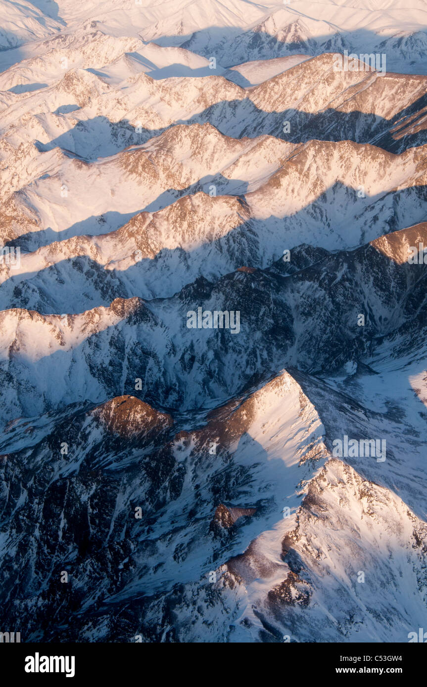 Morning aerial view of the Brooks Range in Gates of the Arctic National Park & Preserve, Arctic Alaska, Winter Stock Photo