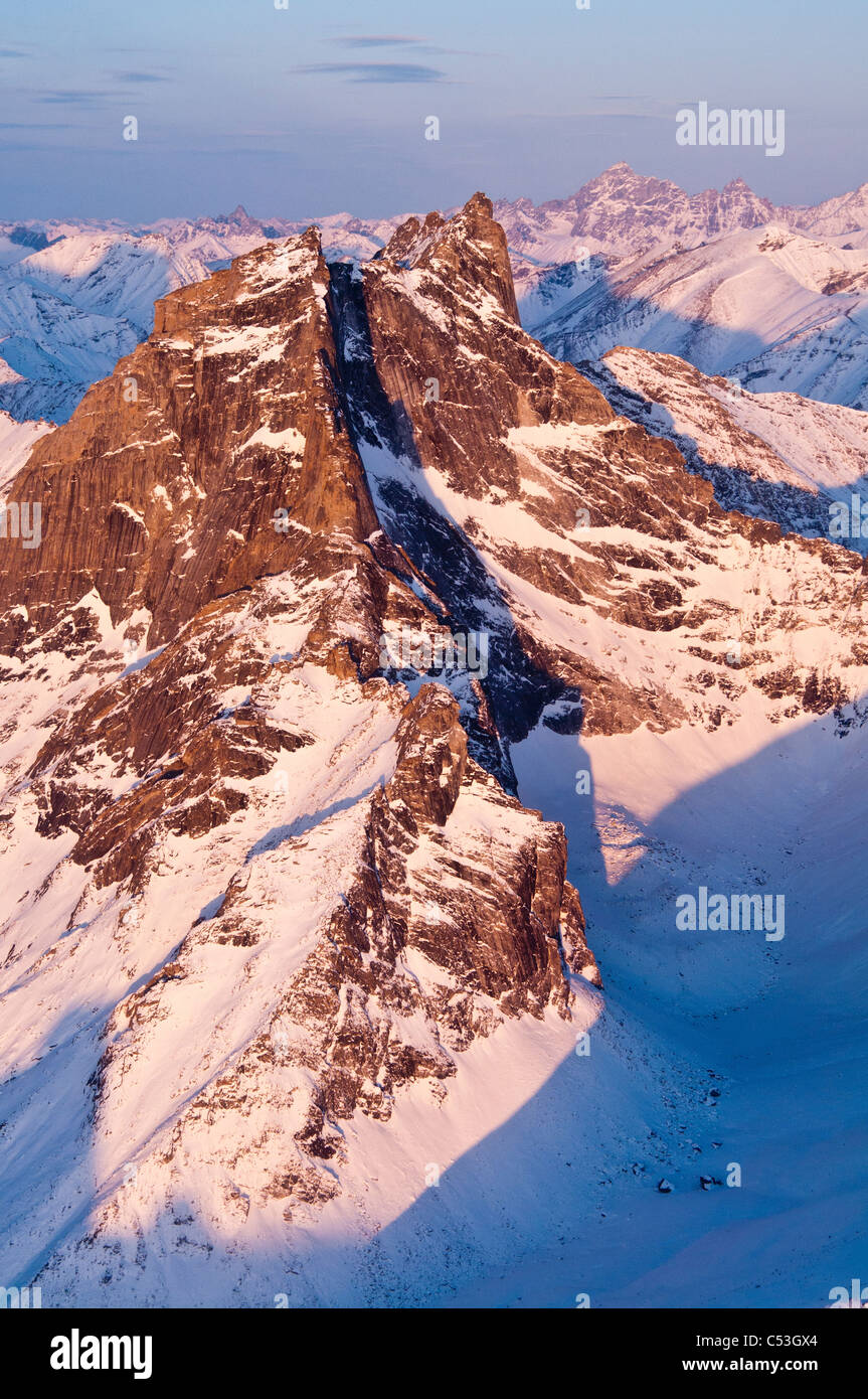 Morning aerial view of Arrigetch Peaks in the Brooks Range,Gates of the Arctic National Park & Preserve, Arctic Alaska, Winter Stock Photo