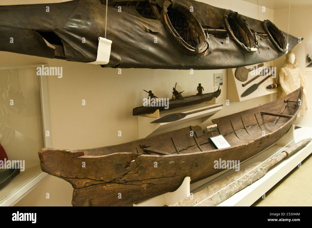Alaska Native kayaks on display at the Cordova Historical Museum, Southcentral Alaska, Spring Stock Photo
