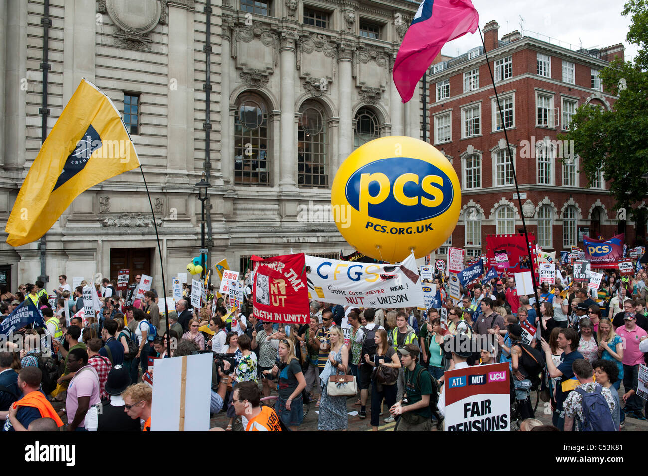 A march organised by the PCS union is joined by many others. It marks a day of public sector strikes over pension changes Stock Photo