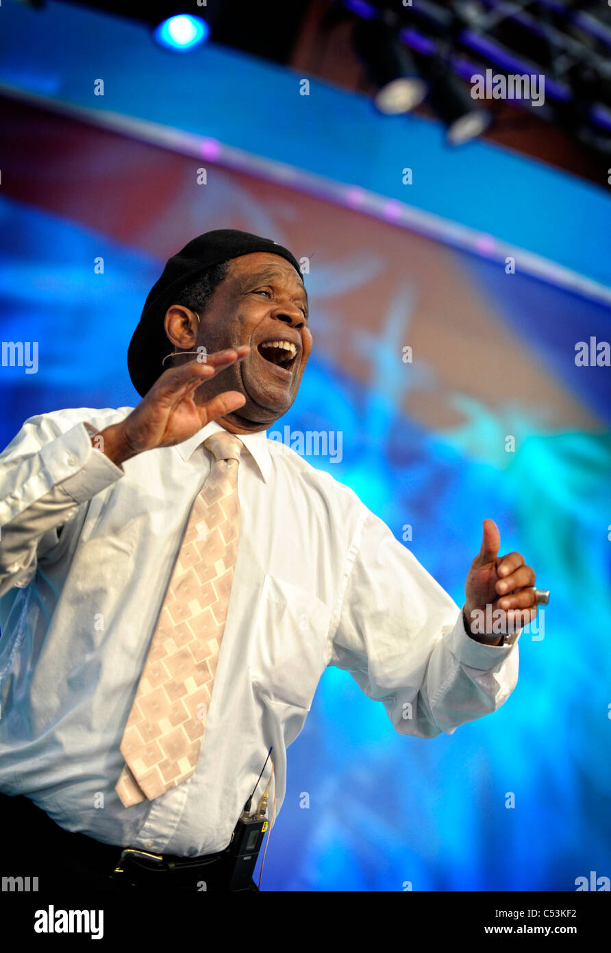 Alex Pascall MBE, founder of the Notting Hill Carnival, performs at the 2011 Llangollen International Musical Eisteddfod Stock Photo