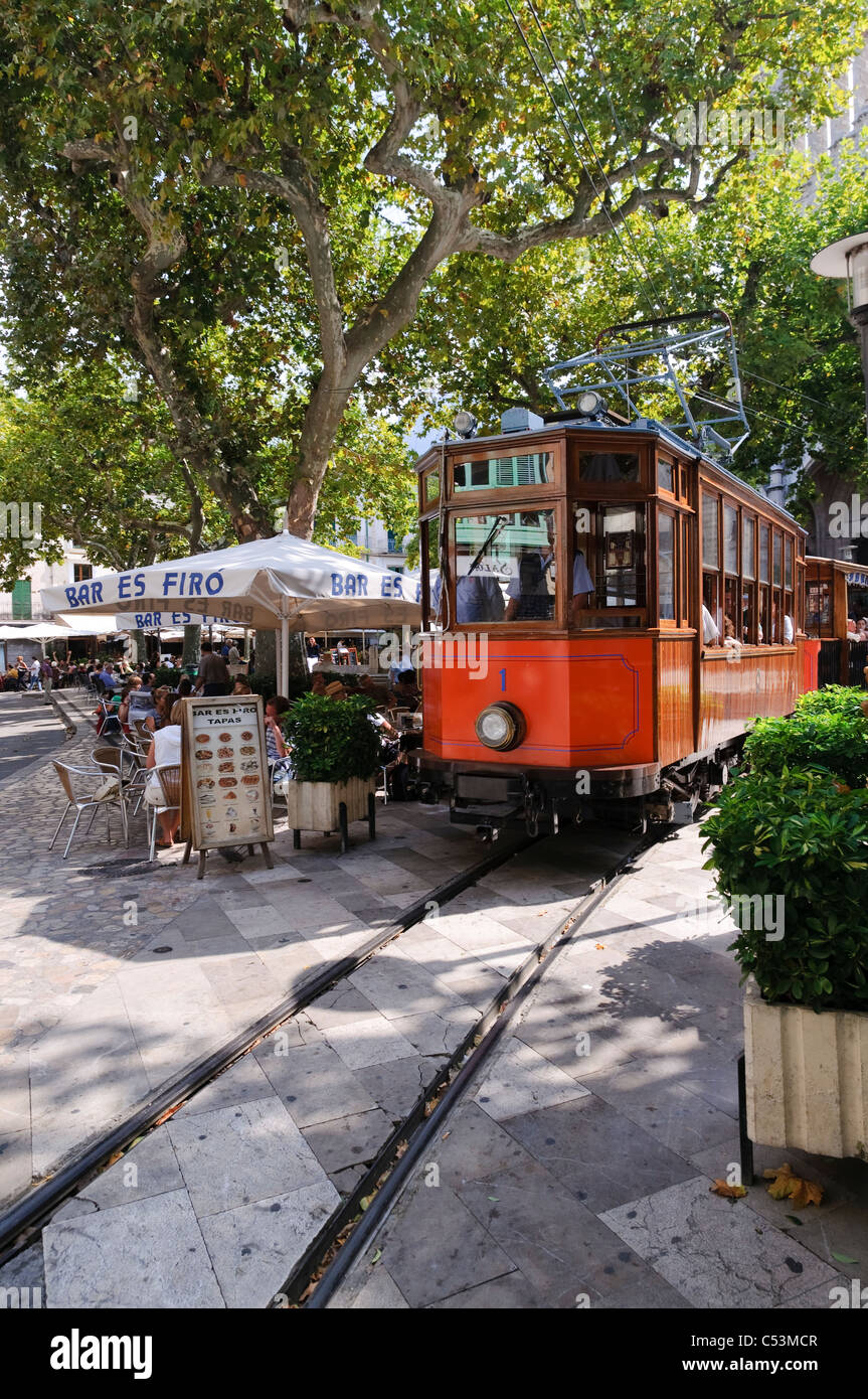 Tram at the Placa de sa Constitusio square, Soller, Majorca, Spain, Europe Stock Photo