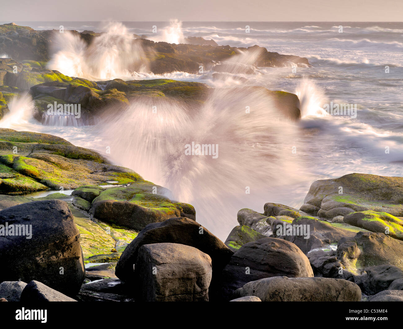 Storm waves crashing on shore. Smelt Sands State Park, Oregon Stock Photo