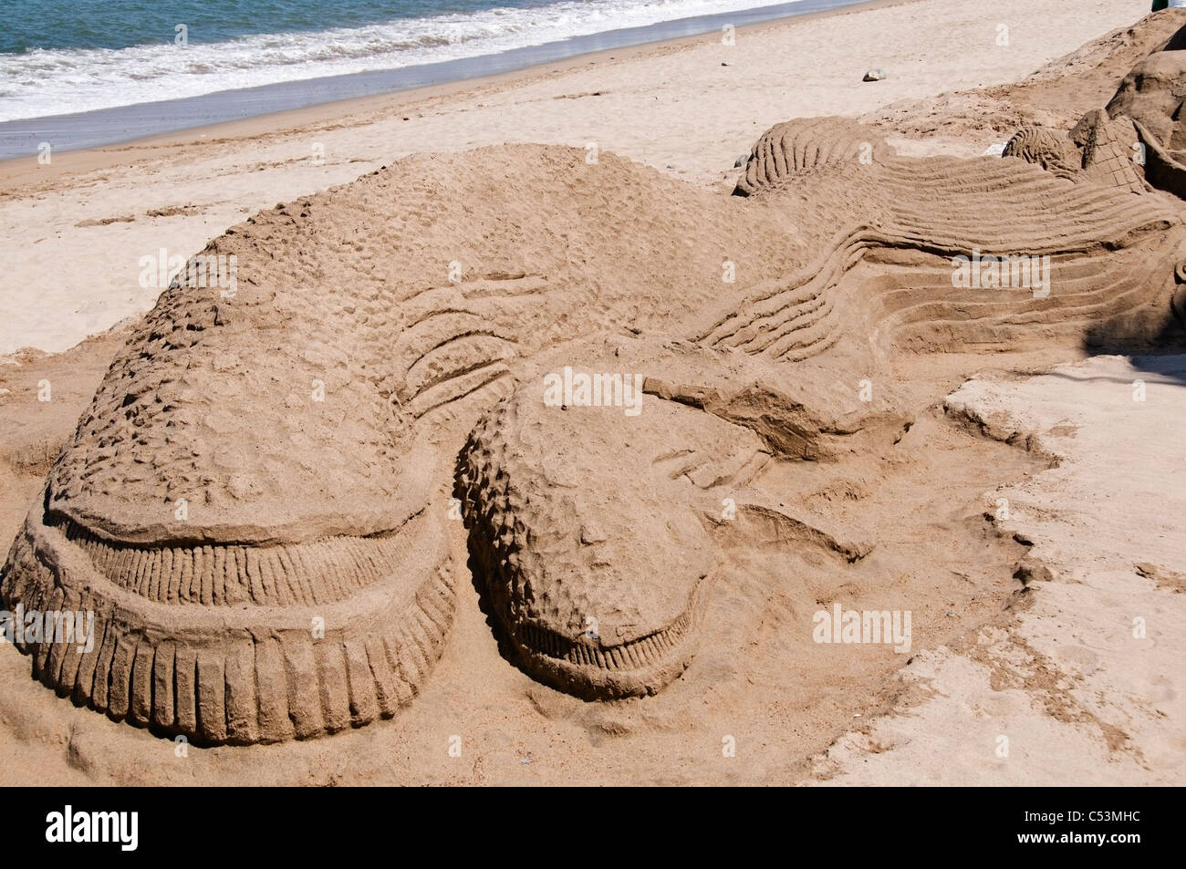 Elaborate sand sculpture on the beach near the Malecon in downtown Puerto Vallarta, Mexico. Stock Photo