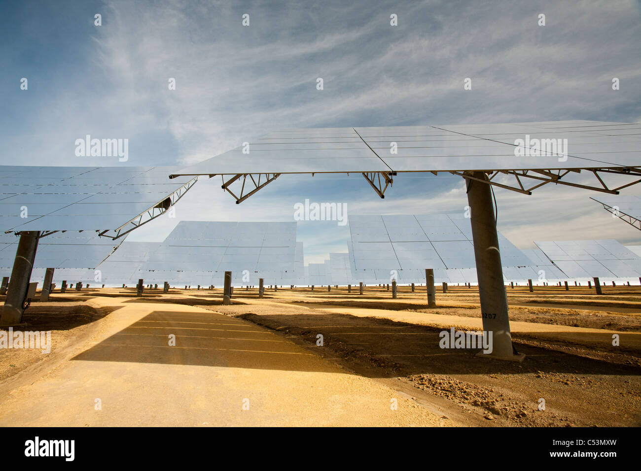 Heliostats, large reflective mirrors directing sunlight to the PS20