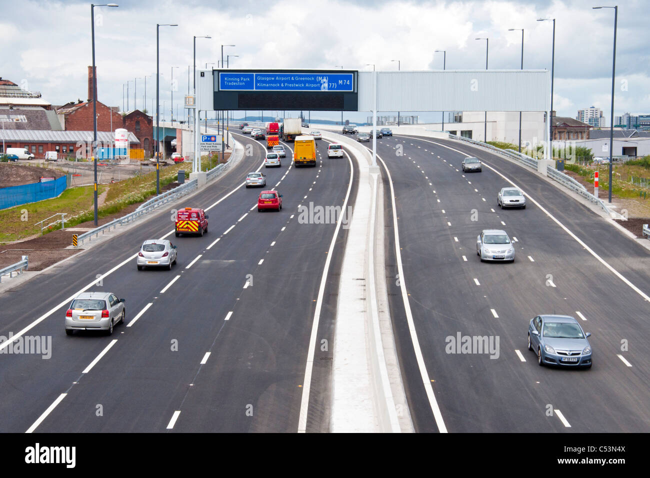 The new M74 extension which links motorways in South Glasgow with Lanarkshire. Shot is looking West bound. J1A Stock Photo