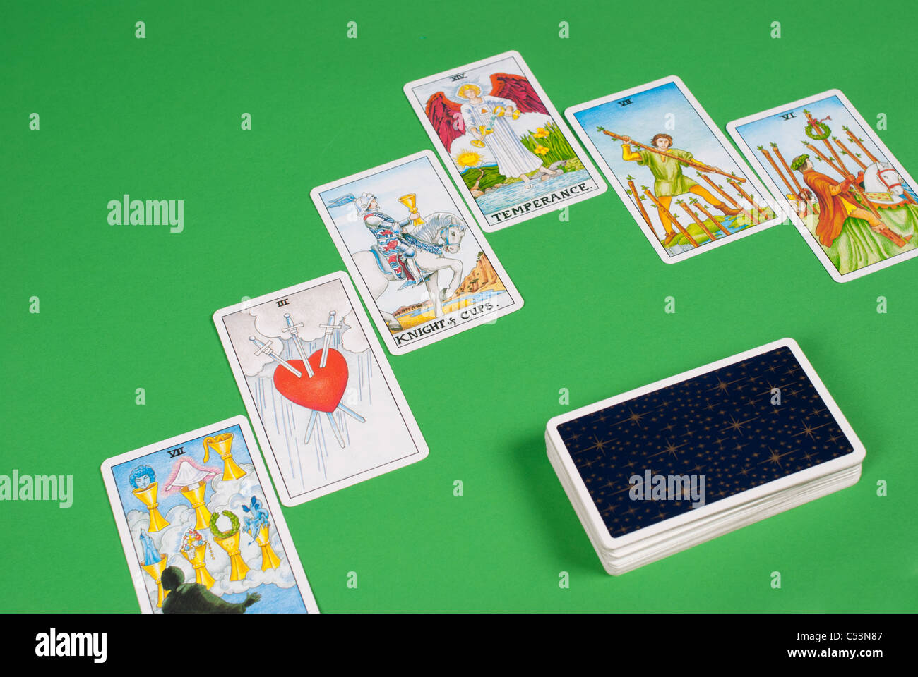 Tarot card deck and a 6 card spread Stock Photo - Alamy