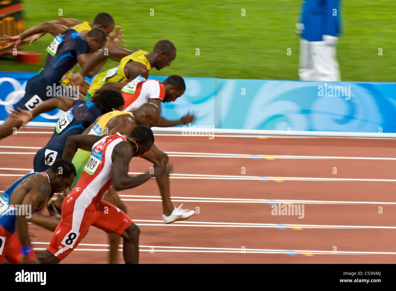Beijing,  Aug 18: Start of Men's 100 meter sprint. Usain Bolt wins and sets a new world record at the 2008 Summer Olympic Games Stock Photo