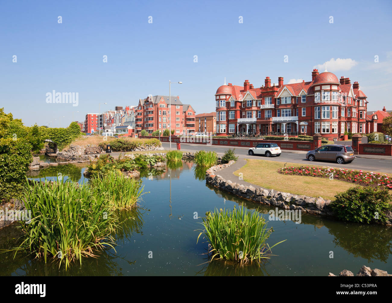 Hotels and public gardens on the seafront in seaside resort on the Fylde coast. Lytham St Annes, Lancashire, England, UK, Britain Stock Photo