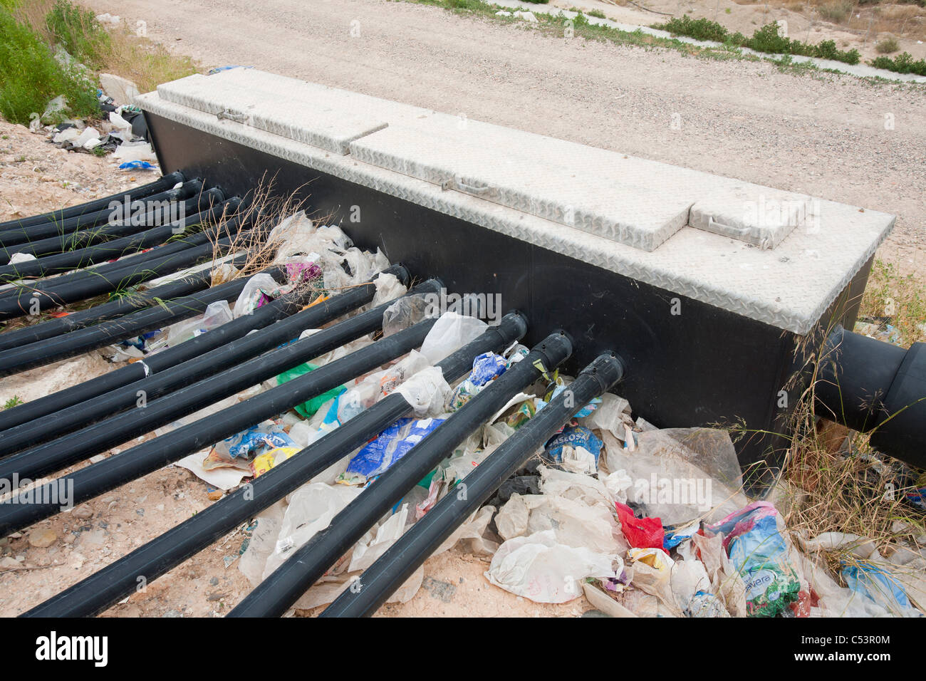 Bio Methane being captured from a landfill site in Alicante, Costa Blanca, Murcia, Spain. Stock Photo