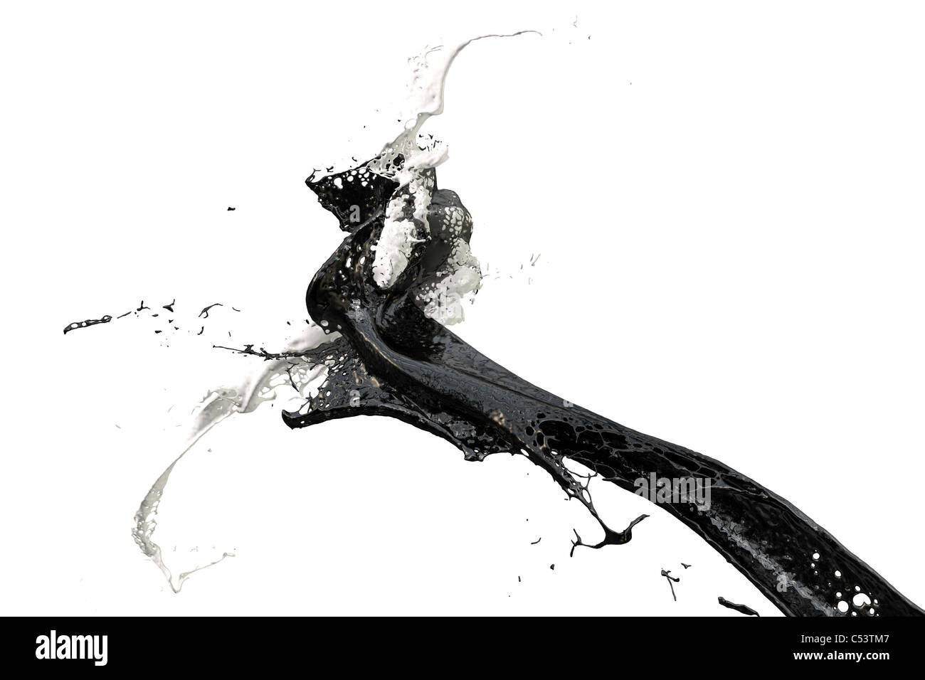 white and black color splashes collide, isolated on white background