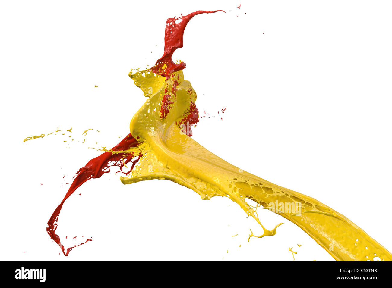 yellow and red paint splashes collide, isolated on white background ...