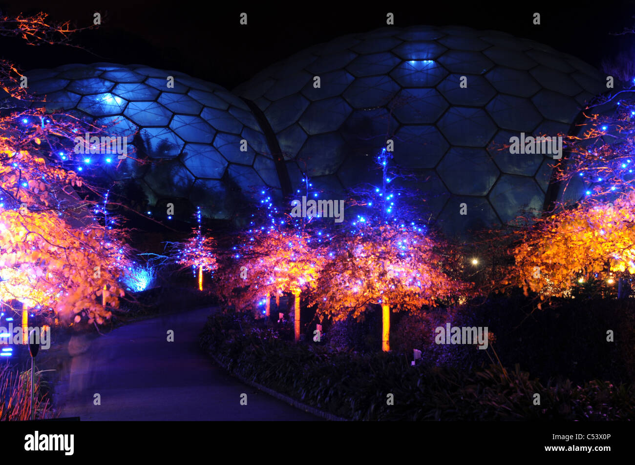 During the winter season the biomes of the Eden Project are floodlit at night. Cornwall, UK. Stock Photo