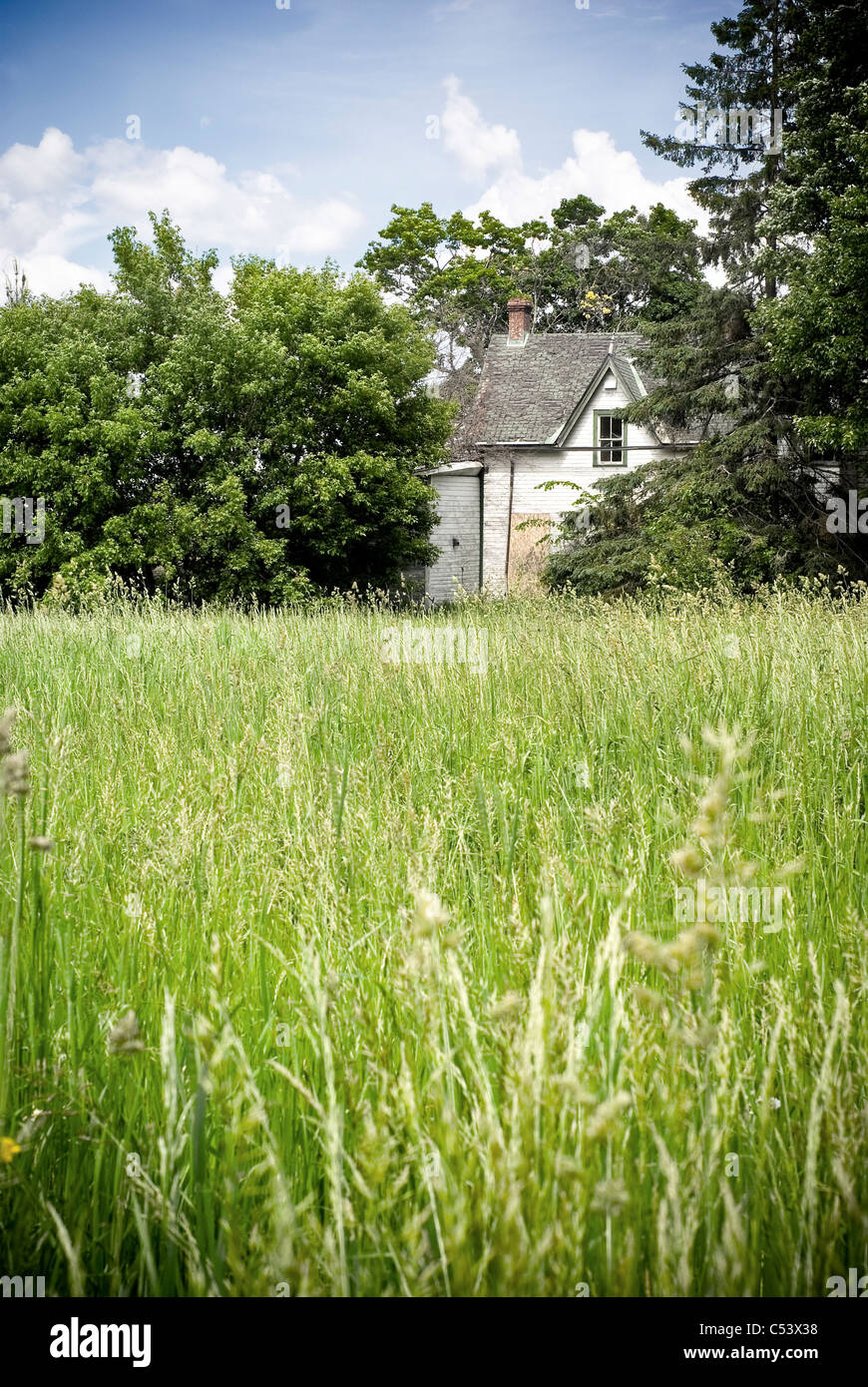 Old, abandoned lockmaster's house near the shore of the historic Rideau River Stock Photo