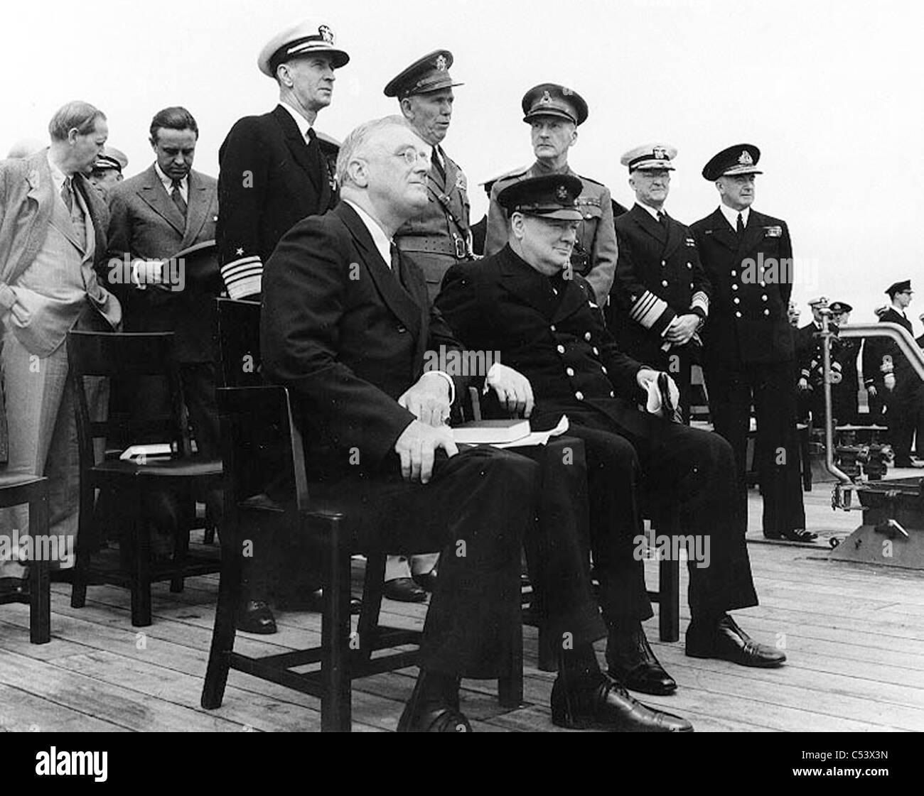 ATLANTIC CHARTER  Presidert Roosevelt and Winston Churchill on HMS Prince of Wales 12 August 1941 - see Description below Stock Photo