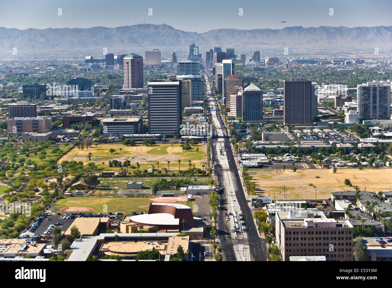 Looking south at the uptown and downtown areas of Phoenix. Central Ave. Stock Photo