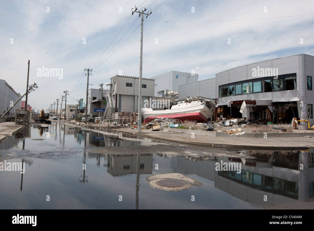 march 11th 2011 Tsunami devastation in Ishinomaki port, Tohoku region, Japan. Stock Photo