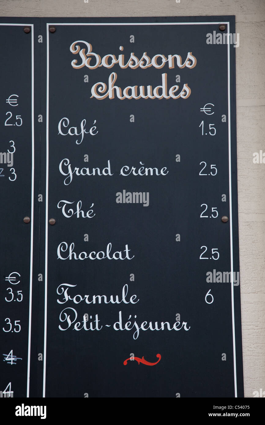 Hot Drinks Menu Board in Paris, French Stock Photo