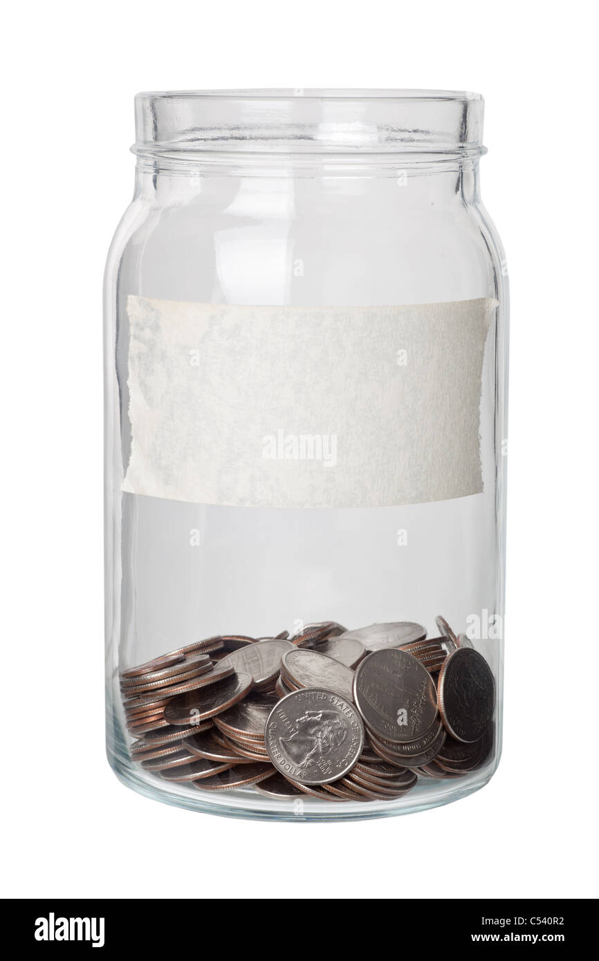 Some US quarter dollars in a jar with label isolated on white ...