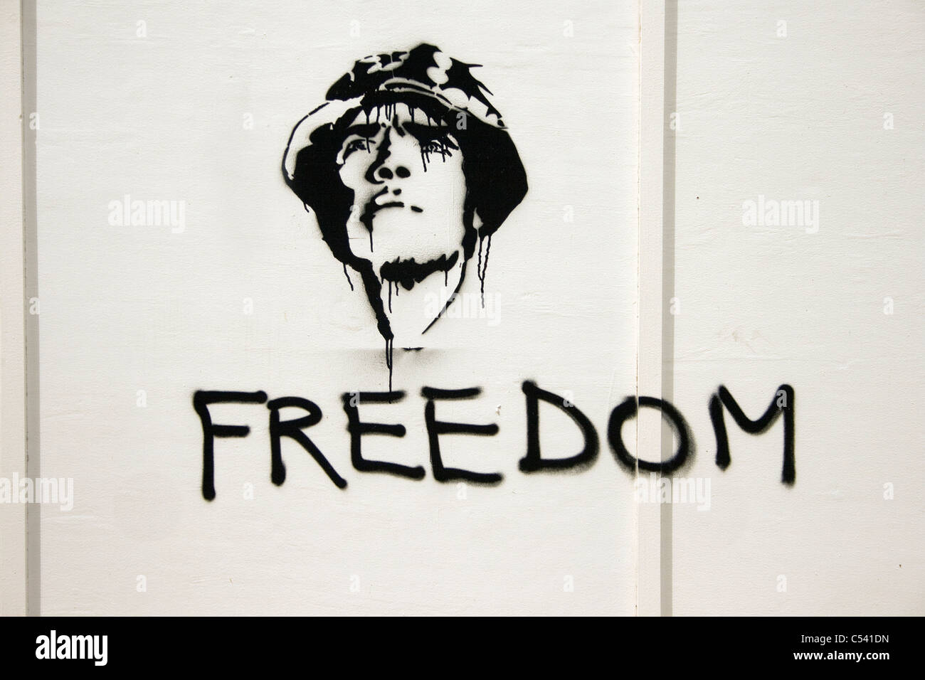 FREEDOM: Graffiti spray stencil portrait of peace campaigner Brian Haw in a Che Guevara style image Stock Photo