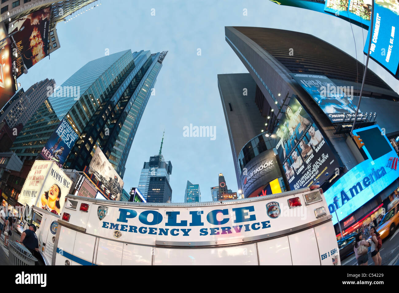Times Square parked Police Emergency Service truck, after police re-open closed streets, New York City, USA 2011-06-27 (fisheye) Stock Photo