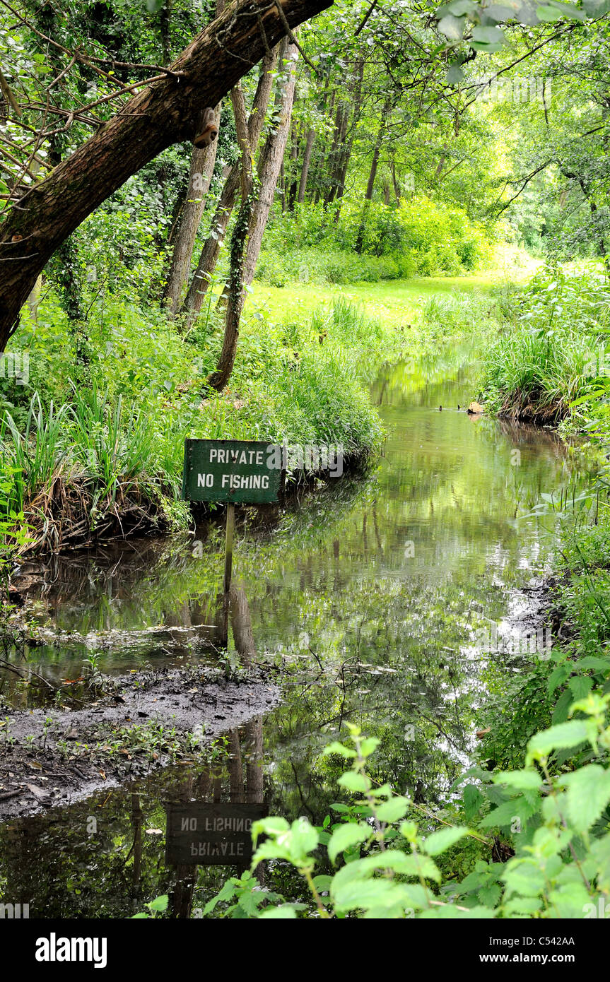 'No Fishing' sign in country stream Stock Photo