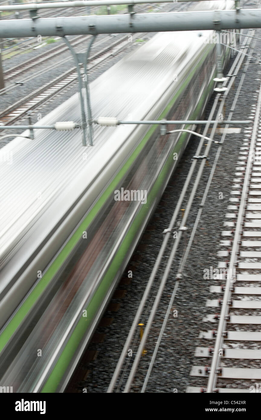 High angle view of a train running on track, Tokyo, Japan Stock Photo Alamy