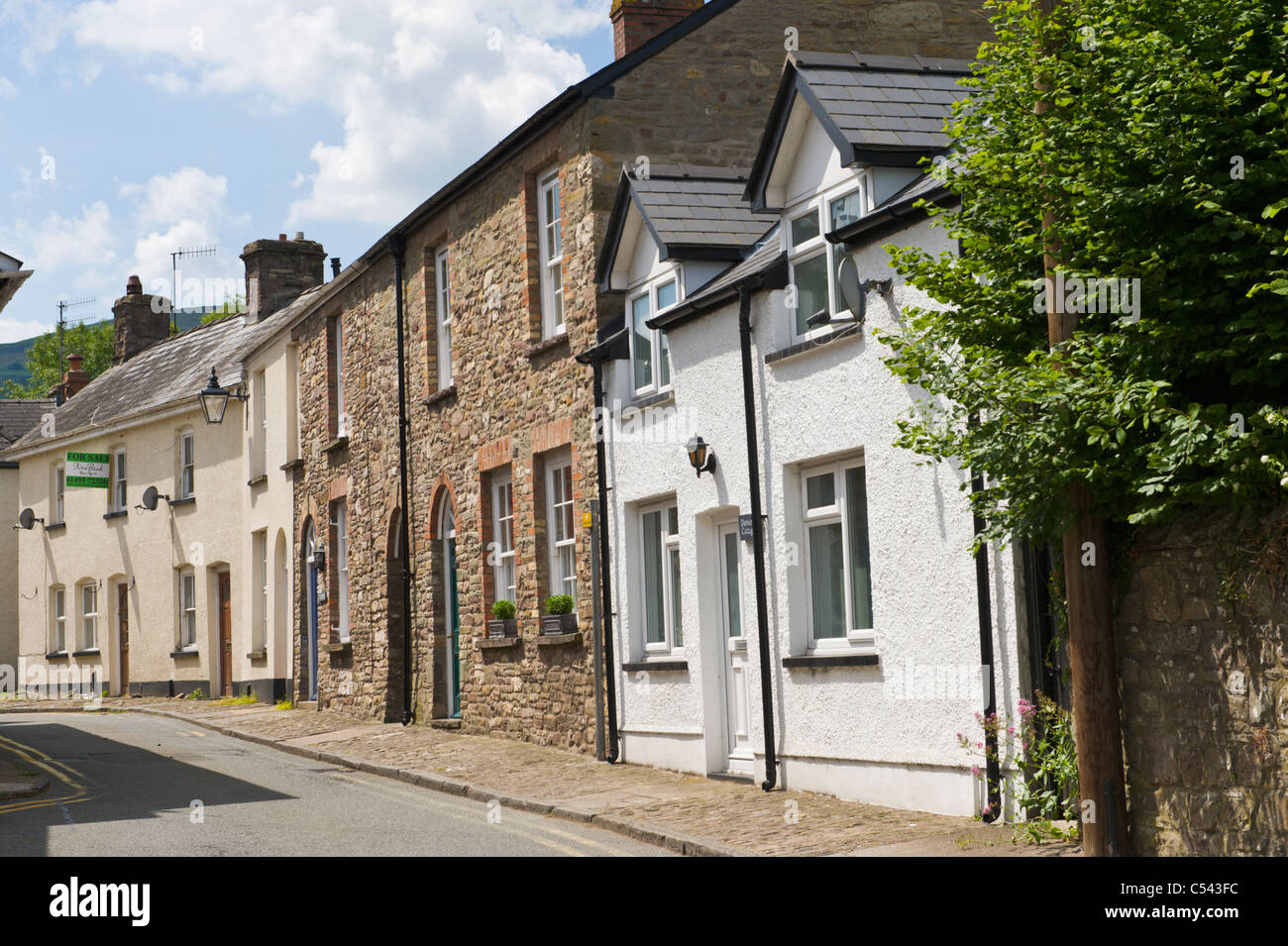 Traditional Victorian terraced houses in village of Llangattock Powys