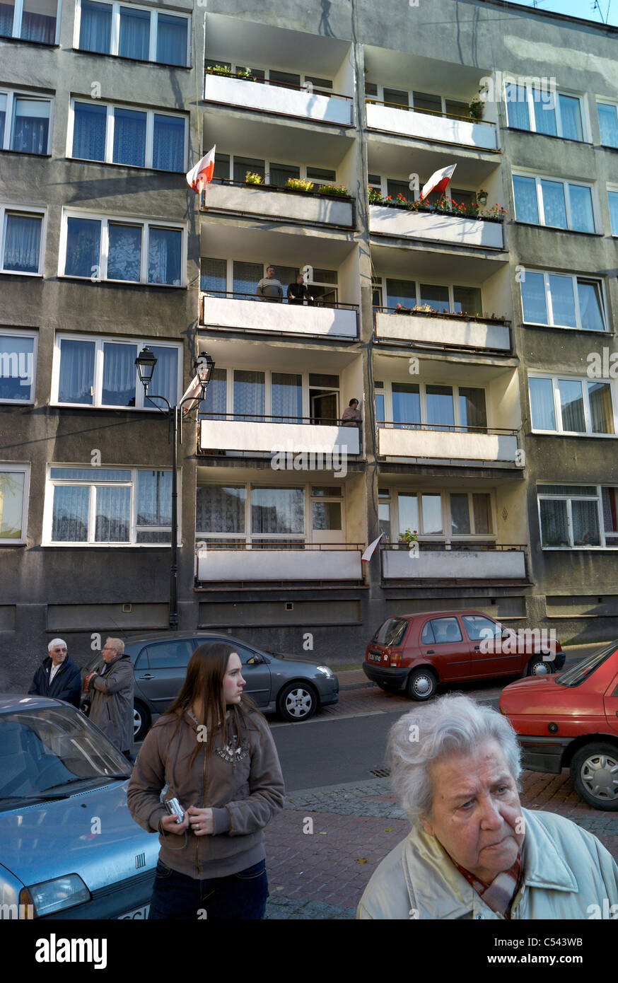 Polish flags on balconies on the Independence Day, Katowice, Poland Stock Photo