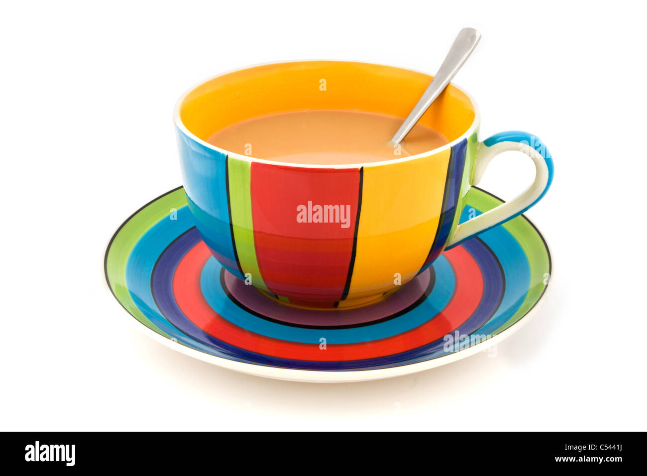 Stripy cup and saucer isolated on a white background Stock Photo
