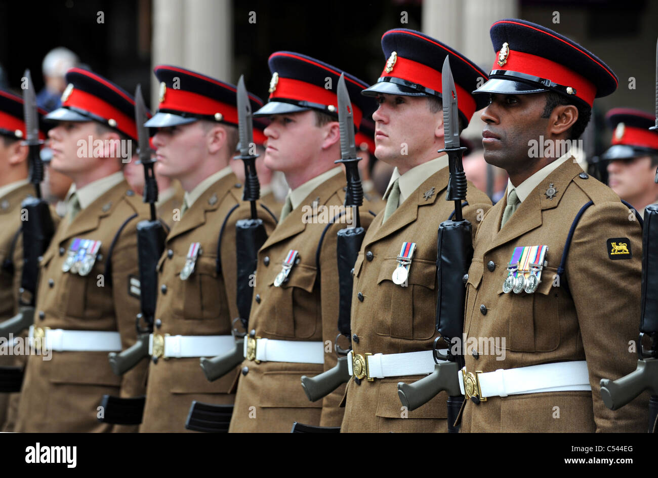 The Second Battalion The Princess of Wales Regiment parade through the