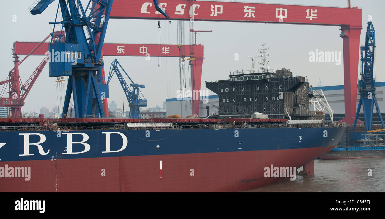 Container ship at a commercial dock, Yangtze River, Shanghai, China ...