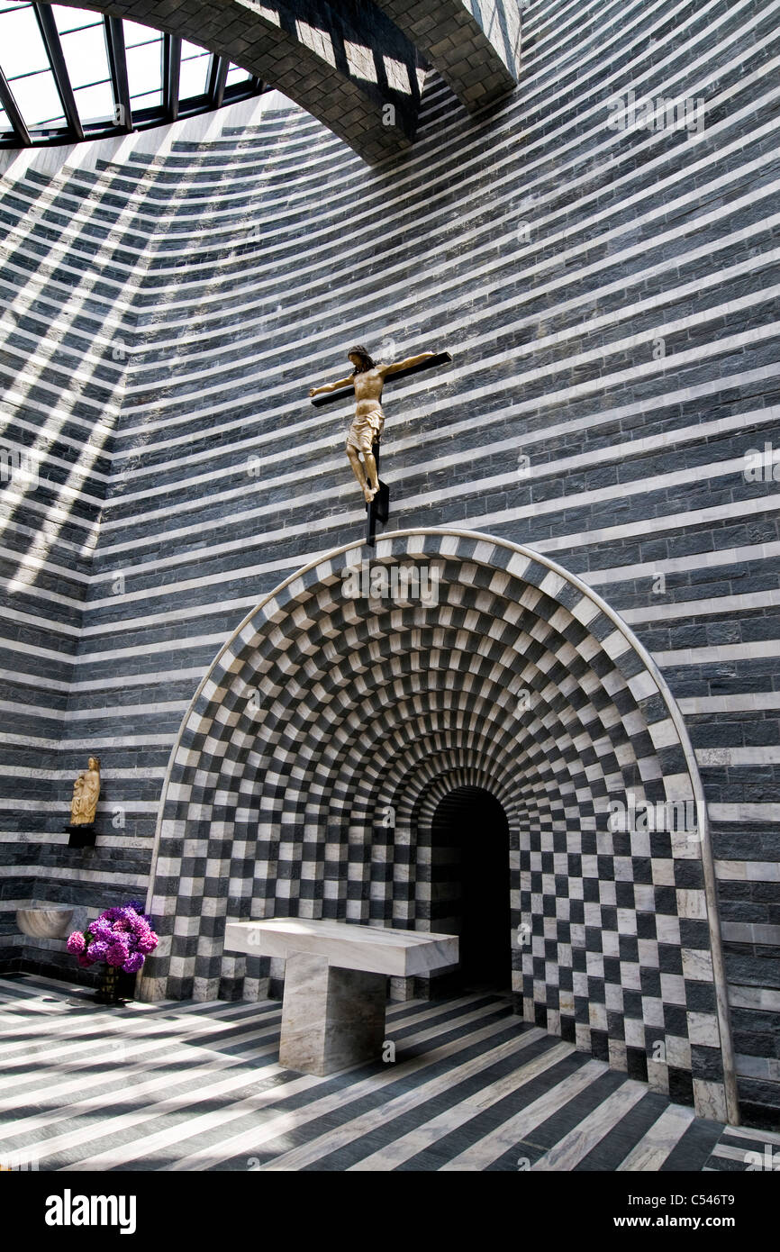 Church designed by architect Mario Botta, Mogno, Lavizzara valley, Canton Ticino, Switzerland Stock Photo