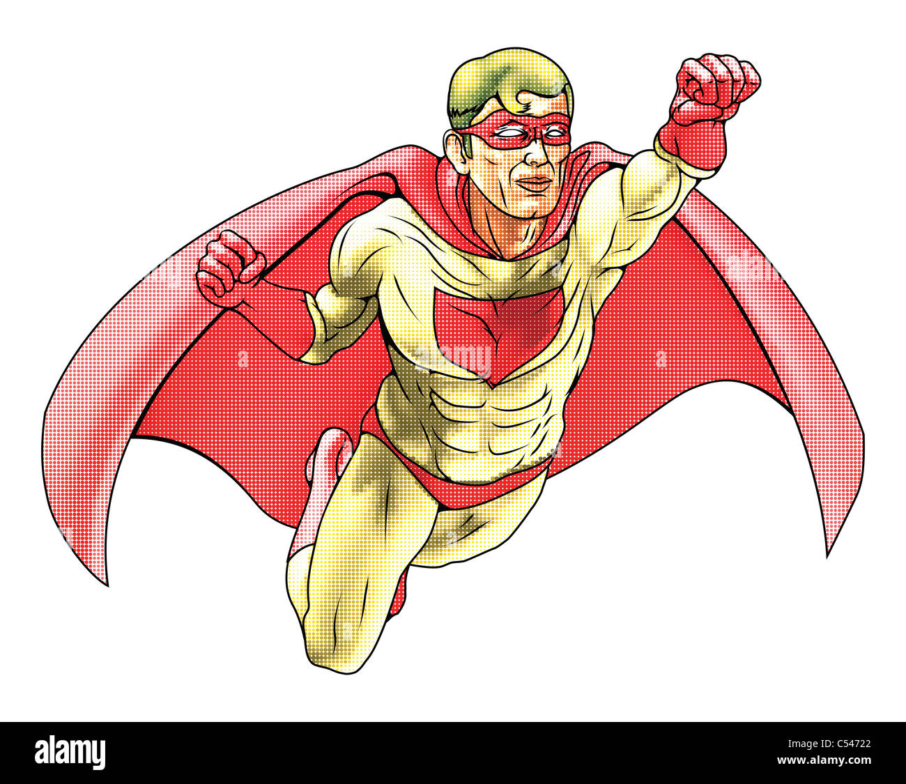 Illustration of super hero dressed in red and yellow costume and cape flying. Haftone style for traditional comic book art look. Stock Photo