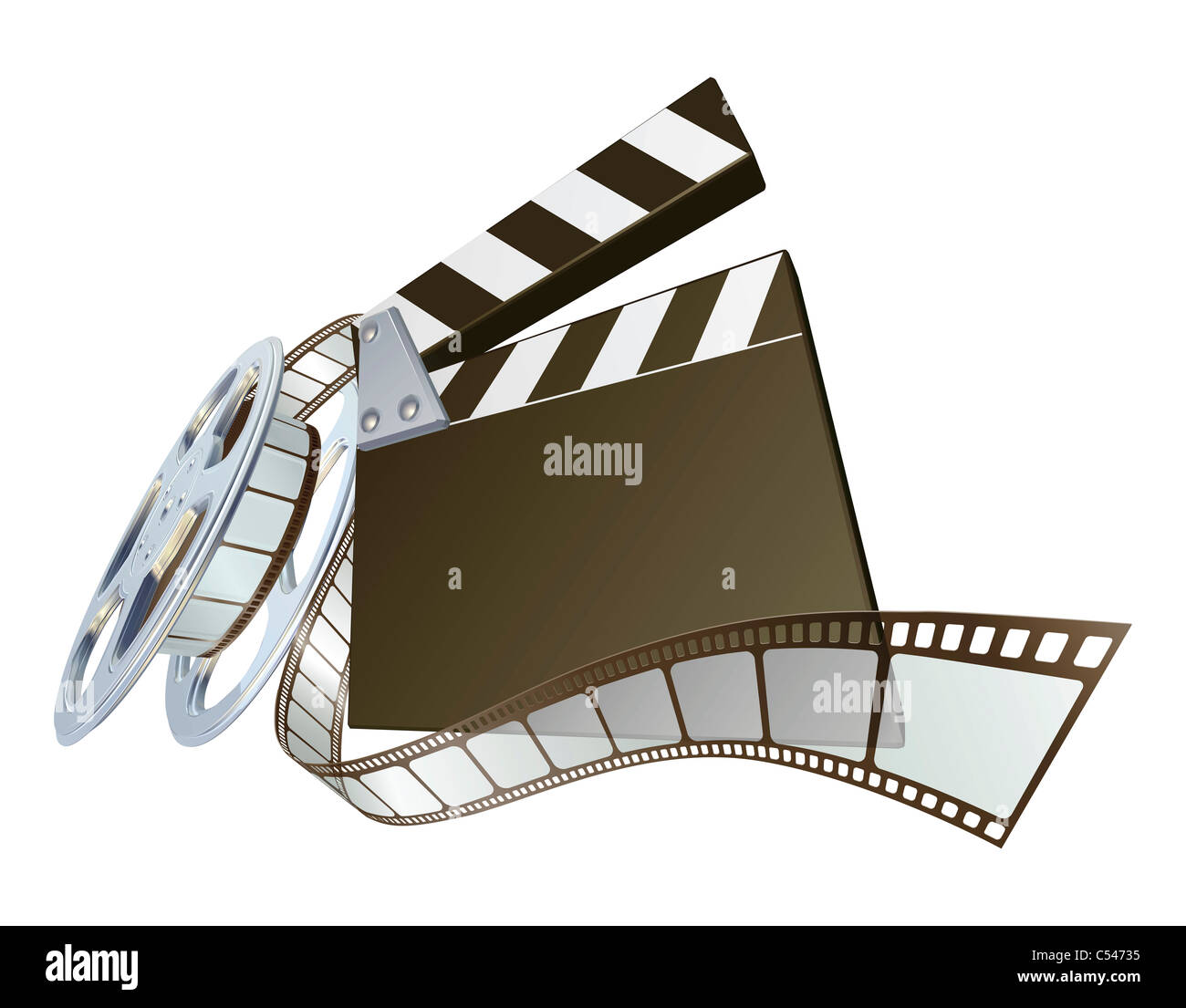 A clapperboard and film spooling out of film reel illustration. Dynamic perspective and copyspace on the board for your text. Stock Photo