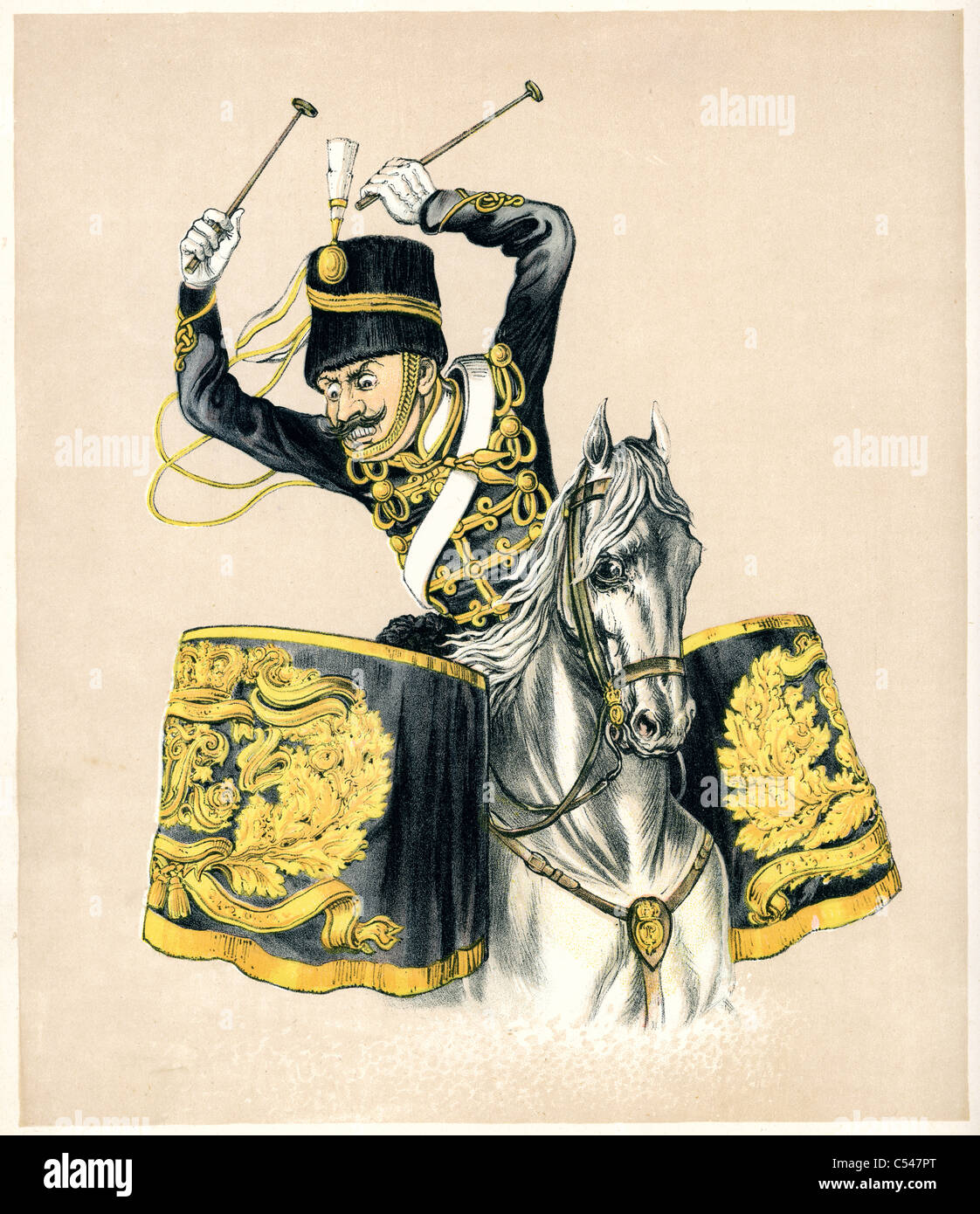 Caricature of a bandsman of the 18th Royal Hussars playing the Kettledrums Stock Photo