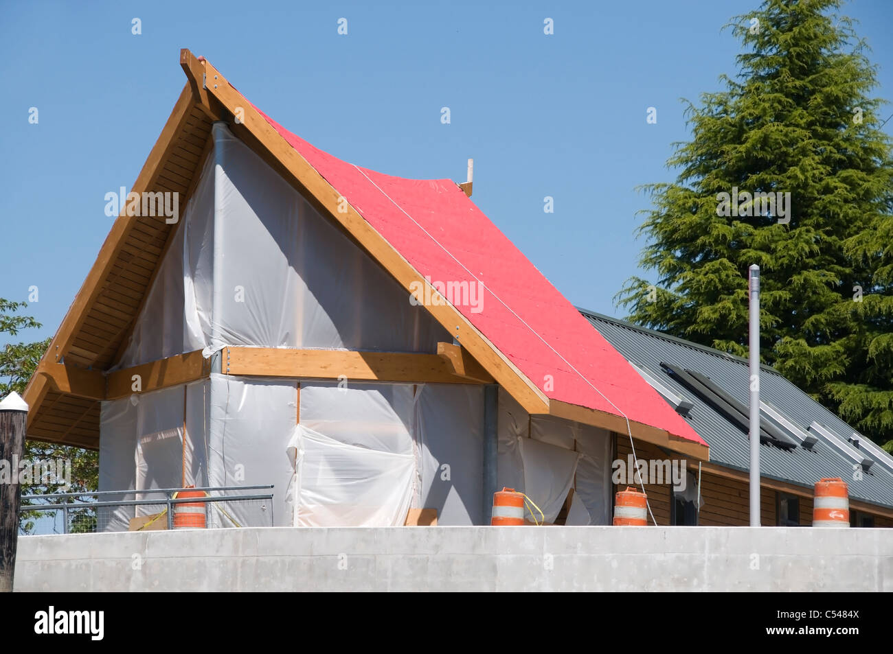 Construction on the Harbor House pavilion located at Percival Landing