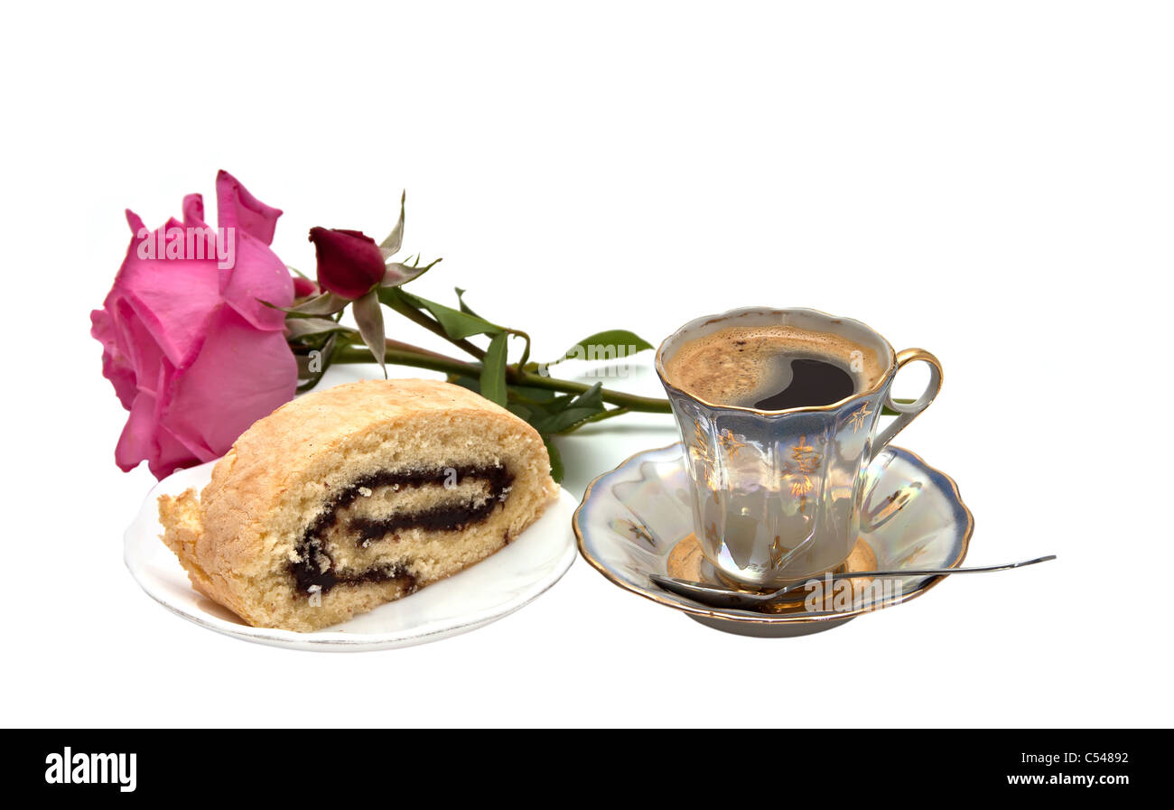 A cup of coffee with a roll Stock Photo Alamy