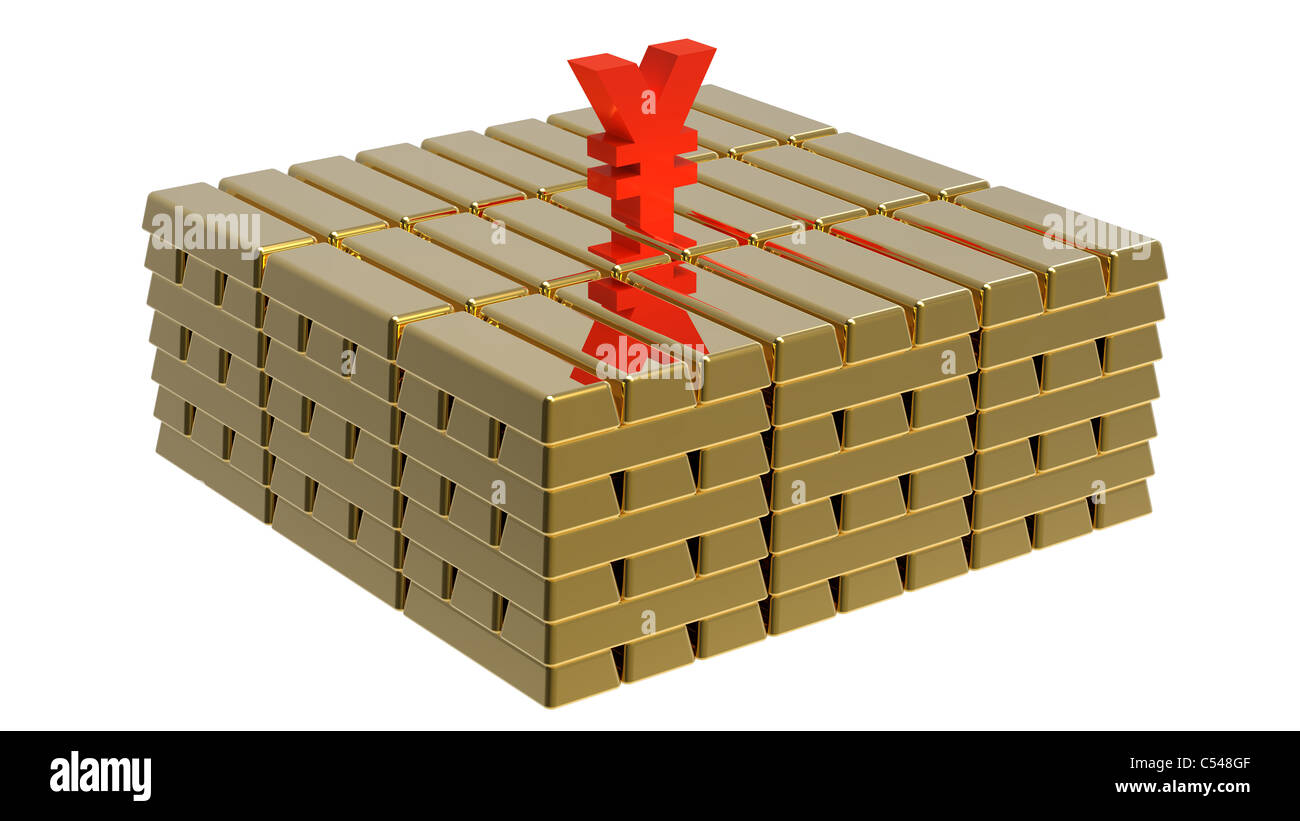Symbol of yen on gold bars money concept Stock Photo
