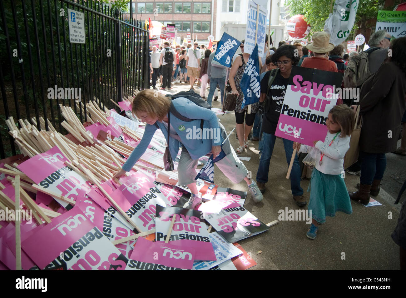 U.C.U. placards, one day strike by teachers and civil servants to protest at changes in pensions.June 30th 2011. Stock Photo