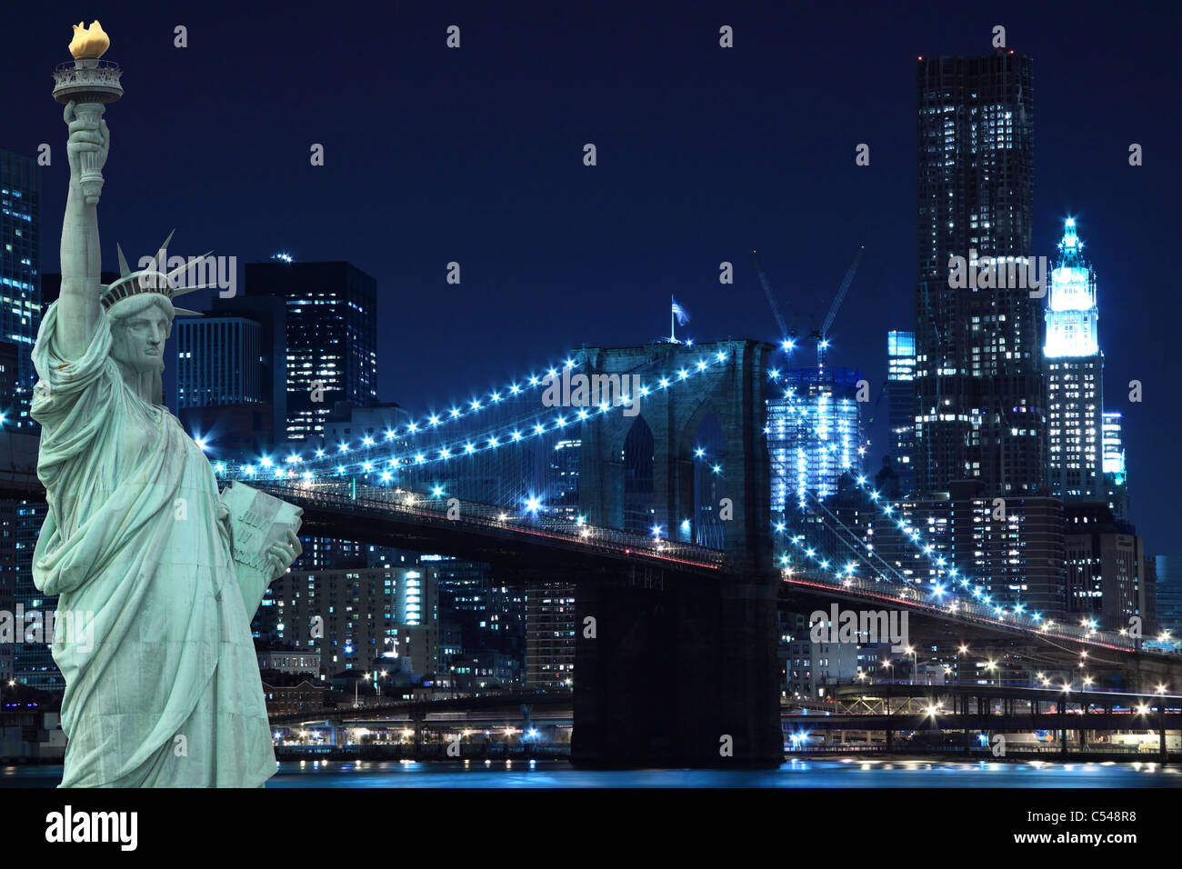 New York Statue Of Liberty Skyline At Night